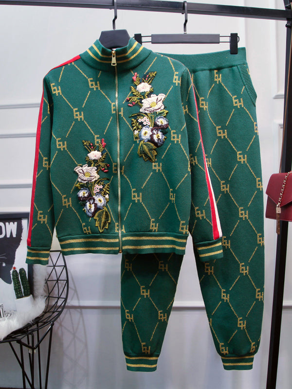 Conjunto Dos Piezas Cardigan Tejido y Pantalón Casual con Bordado Floral Europeo - Image 3