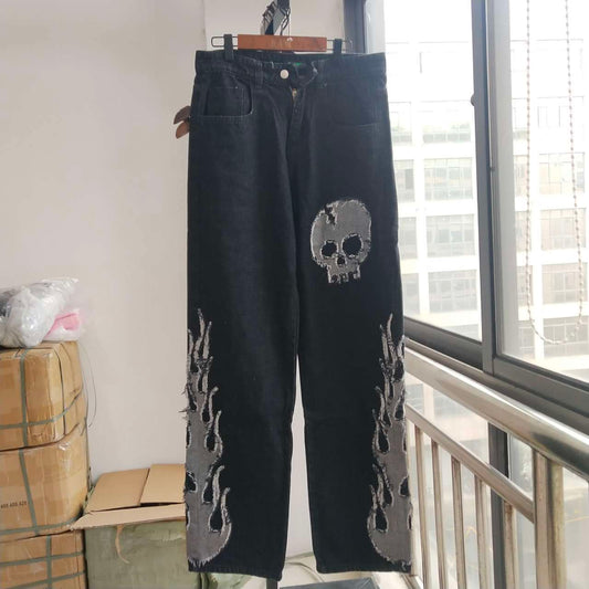 Jeans con Parche Calavera Bordado Reversible