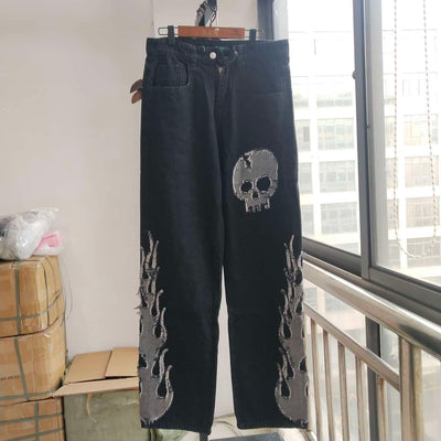 Jeans con Parche Calavera Bordado Reversible