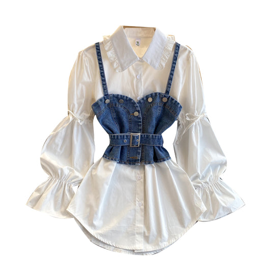 Blusa Denim Retro Hong Kong Estilo Vintage con Mangas Abullonadas y Diseño Exclusivo - Image 5