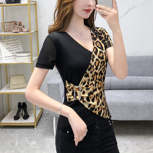 Blusa de Danza Estándar Latino Cuello V Estampado Leopardo - Top Moderno para Entrenamiento - Image 6