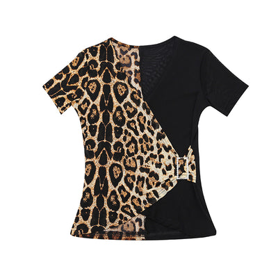 Blusa de Danza Estándar Latino Cuello V Estampado Leopardo - Top Moderno para Entrenamiento
