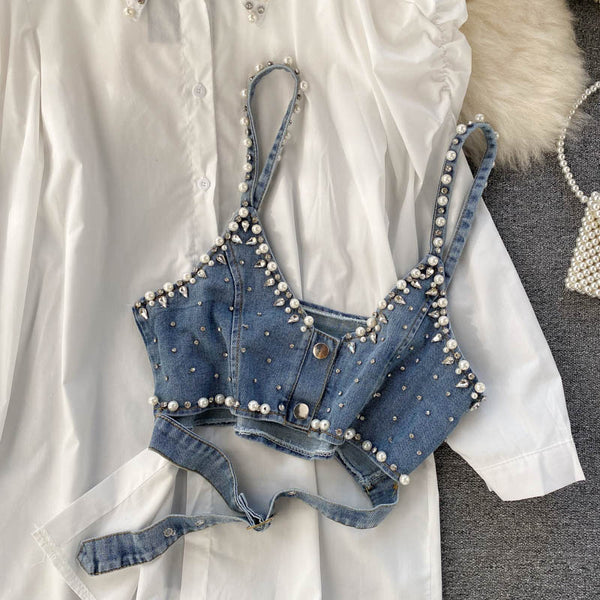 Blusa Elegante Estilo Hong Kong con Cuentas Decorativas y Chaleco Apilable
