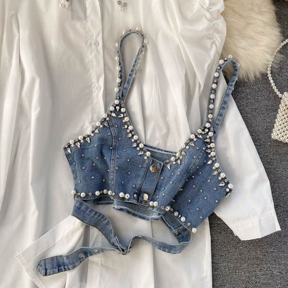 Blusa Elegante Estilo Hong Kong con Cuentas Decorativas y Chaleco Apilable