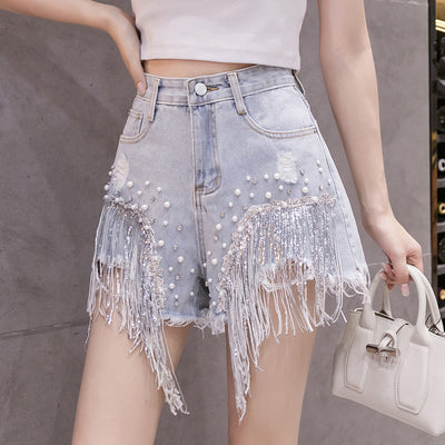 Shorts Denim Cintura Alta con Diamantes - Estilo Ancho y Desenfadado para Verano - Image 4