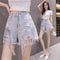 Shorts Denim Cintura Alta con Diamantes - Estilo Ancho y Desenfadado para Verano
