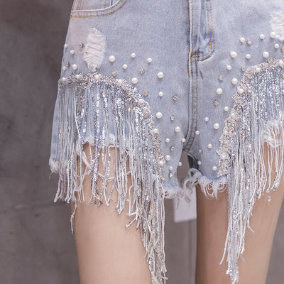 Shorts Denim Cintura Alta con Diamantes - Estilo Ancho y Desenfadado para Verano - Image 3