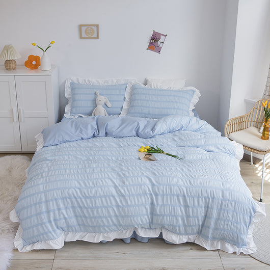 Juego de Sábanas Blancas Estilo Princesa de Algodón Lavado con Encaje Seersucker - Colección de 4 Piezas - Image 17