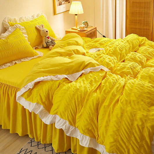 Juego de Sábanas Blancas Estilo Princesa de Algodón Lavado con Encaje Seersucker - Colección de 4 Piezas - Image 21