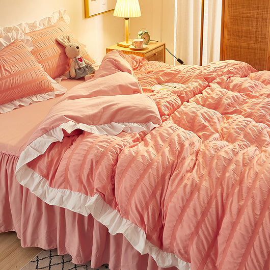 Juego de Sábanas Blancas Estilo Princesa de Algodón Lavado con Encaje Seersucker - Colección de 4 Piezas - Image 25