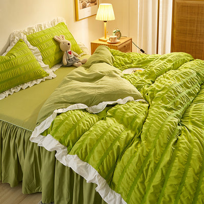 Juego de Sábanas Blancas Estilo Princesa de Algodón Lavado con Encaje Seersucker - Colección de 4 Piezas - Image 3