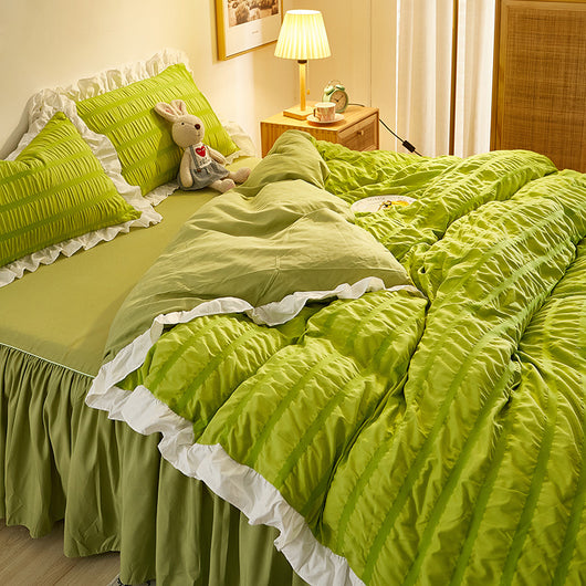 Juego de Sábanas Blancas Estilo Princesa de Algodón Lavado con Encaje Seersucker - Colección de 4 Piezas - Image 3