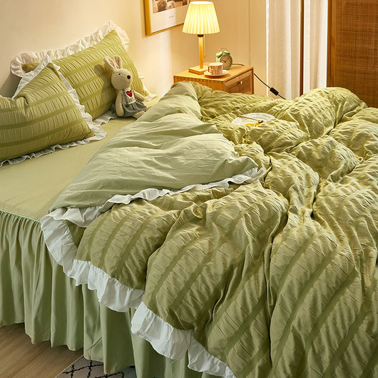 Juego de Sábanas Blancas Estilo Princesa de Algodón Lavado con Encaje Seersucker - Colección de 4 Piezas - Image 5