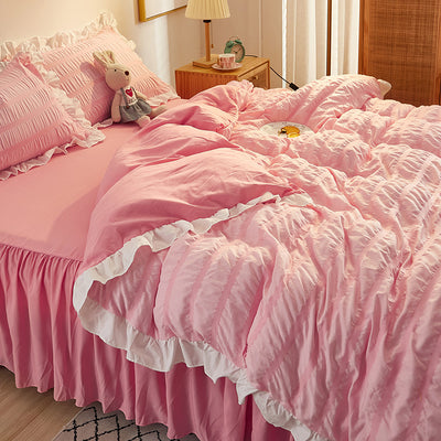 Juego de Sábanas Blancas Estilo Princesa de Algodón Lavado con Encaje Seersucker - Colección de 4 Piezas - Image 12