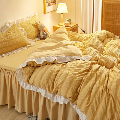 Juego de Sábanas Blancas Estilo Princesa de Algodón Lavado con Encaje Seersucker - Colección de 4 Piezas - Image 10