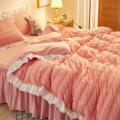 Juego de Sábanas Blancas Estilo Princesa de Algodón Lavado con Encaje Seersucker - Colección de 4 Piezas - Image 11