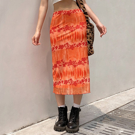 Falda Midi Floral Talle Alto con Contraste de Estampado