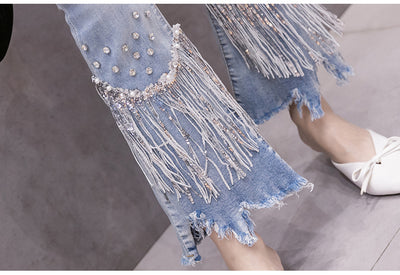 Pantalones Slim Cintura Alta con Cuentas y Borlas Estilo Ulzzang - Image 14