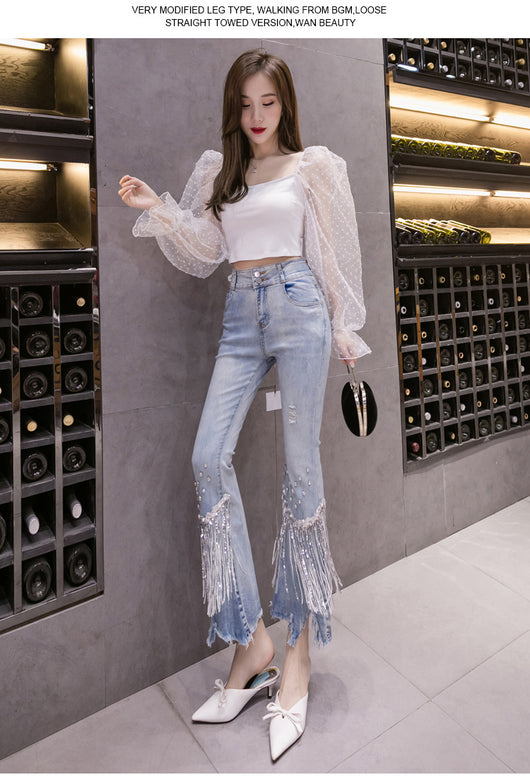 Pantalones Slim Cintura Alta con Cuentas y Borlas Estilo Ulzzang - Image 15