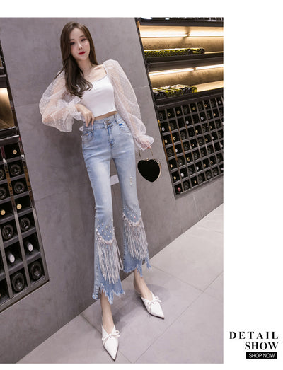 Pantalones Slim Cintura Alta con Cuentas y Borlas Estilo Ulzzang - Image 4