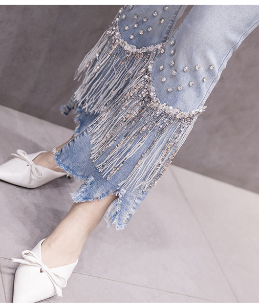 Pantalones Slim Cintura Alta con Cuentas y Borlas Estilo Ulzzang - Image 6