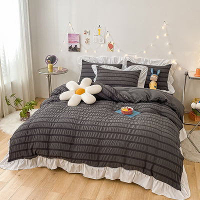 Juego de Sábanas Blancas Estilo Princesa de Algodón Lavado con Encaje Seersucker - Colección de 4 Piezas - Image 13