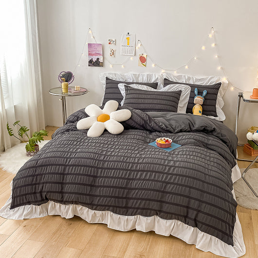 Juego de Sábanas Blancas Estilo Princesa de Algodón Lavado con Encaje Seersucker - Colección de 4 Piezas - Image 13