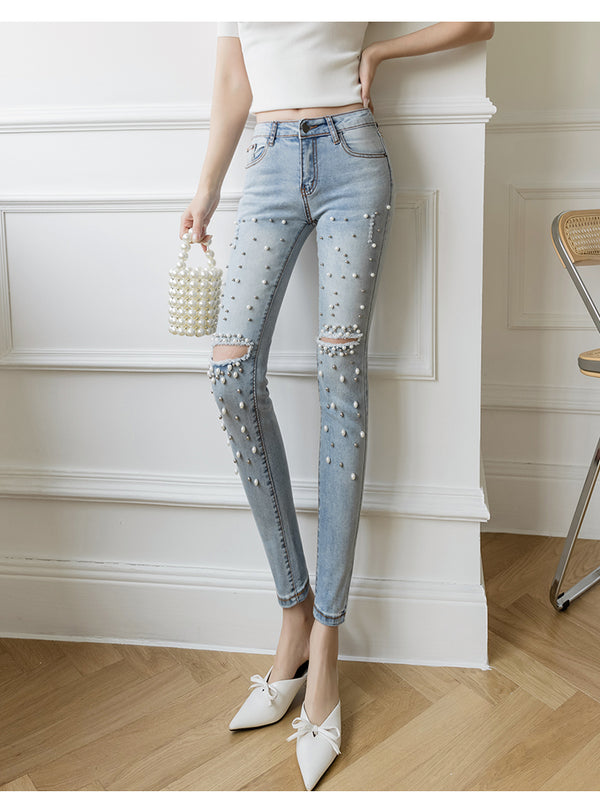 Pantalón Lápiz Cropped Talle Alto Retro con Detalles Perforados