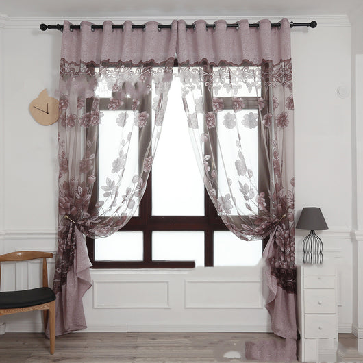 Light brown sheer window curtain with a floral jacquard burnt-out pattern, hung with grommets and styled with tie-backs. - Image 10