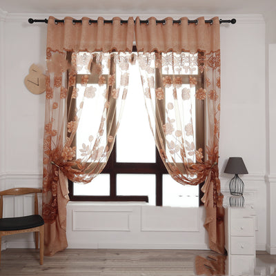 Light brown sheer window curtain with a floral jacquard burnt-out pattern, hung with grommets and styled with tie-backs. - Image 7