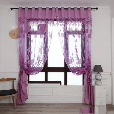 Light brown sheer window curtain with a floral jacquard burnt-out pattern, hung with grommets and styled with tie-backs. - Image 8