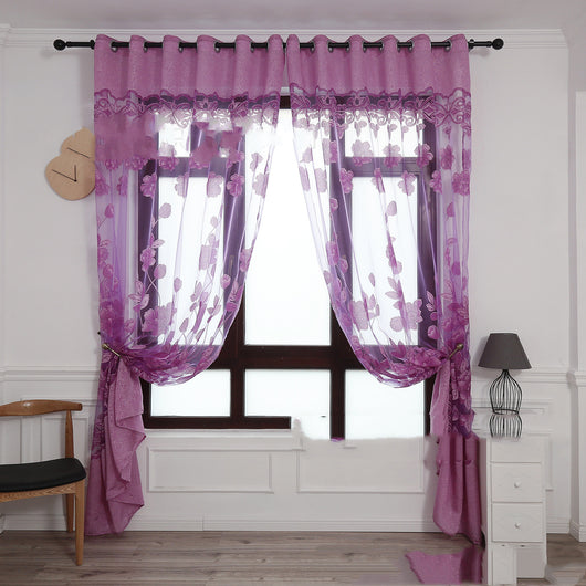 Light brown sheer window curtain with a floral jacquard burnt-out pattern, hung with grommets and styled with tie-backs. - Image 5