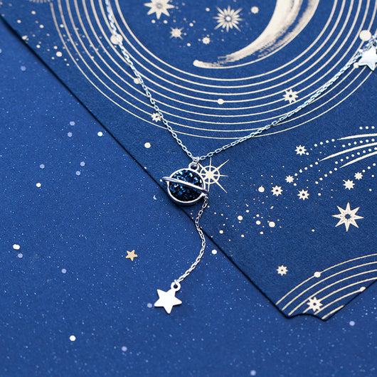 Collar de Plata S925 con Cianita Sintética - Diseño Planeta y Estrella - Image 9