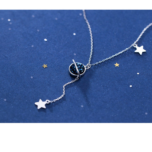 Collar de Plata S925 con Cianita Sintética - Diseño Planeta y Estrella - Image 4