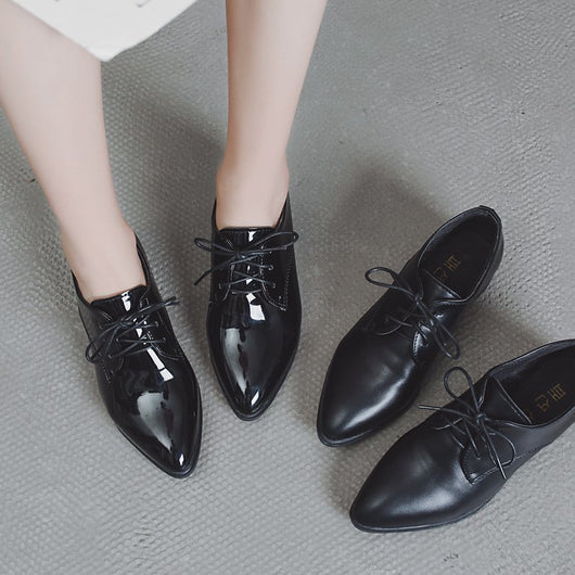 Zapatos de Cuero Punta Fina Estilo Británico para Mujer - Cuero Suave Negro