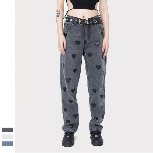 Pantalones Rectos Casuales Unisex con Parche Bordado Love