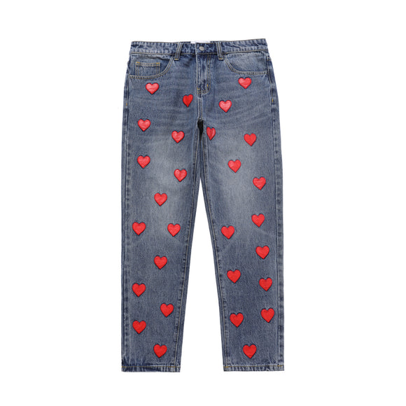 Unisex Casual Straight-Leg Pants with Embroidered Love Patch