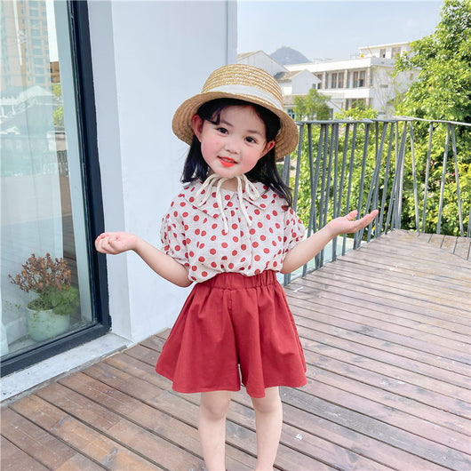 Conjunto de Dos Piezas para Niña: Blusa de Algodón y Lino con Lunares y Falda Pantalón Rojo - Image 6