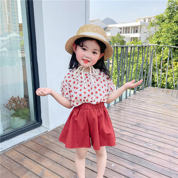 Conjunto de Dos Piezas para Niña: Blusa de Algodón y Lino con Lunares y Falda Pantalón Rojo