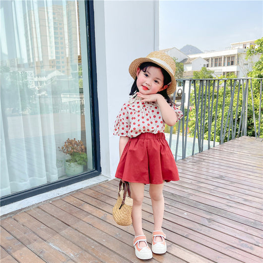 Conjunto de Dos Piezas para Niña: Blusa de Algodón y Lino con Lunares y Falda Pantalón Rojo - Image 3
