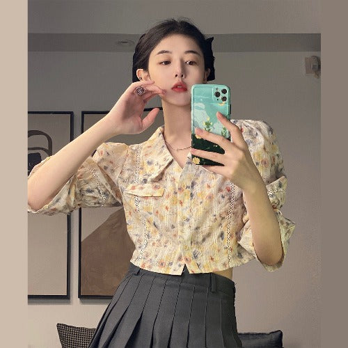 Blusa Floral Retro Francesa con Mangas Abullonadas - Diseño Exclusivo Verano