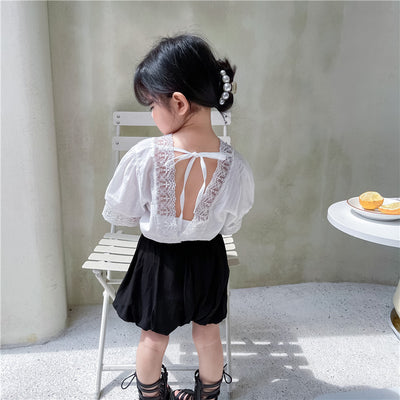 Conjunto de Dos Piezas para Niña: Blusa de Verano con Encaje y Short Naranja - Image 5