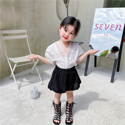Conjunto de Dos Piezas para Niña: Blusa de Verano con Encaje y Short Naranja - Image 4