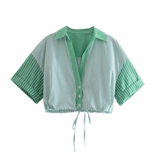 Camisa Verde a Rayas con Cuello Alzado y Mangas Cortas - Image 15
