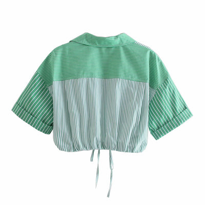 Camisa Verde a Rayas con Cuello Alzado y Mangas Cortas - Image 2