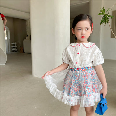 Conjunto Infantil: Blusa Manga Corta y Falda de Gasa Floral - Image 6