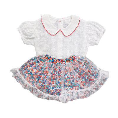 Conjunto Infantil: Blusa Manga Corta y Falda de Gasa Floral - Image 9