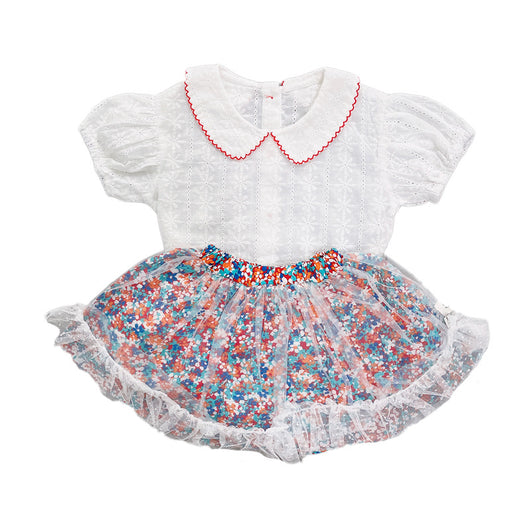 Conjunto Infantil: Blusa Manga Corta y Falda de Gasa Floral - Image 9