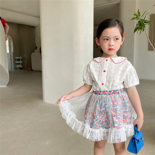 Conjunto Infantil: Blusa Manga Corta y Falda de Gasa Floral - Image 3