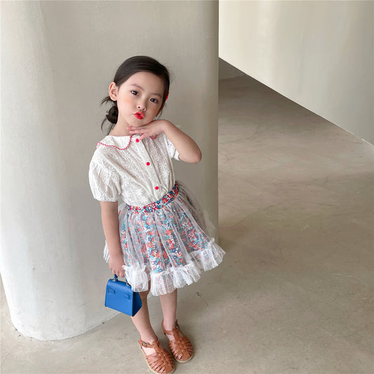 Conjunto Infantil: Blusa Manga Corta y Falda de Gasa Floral